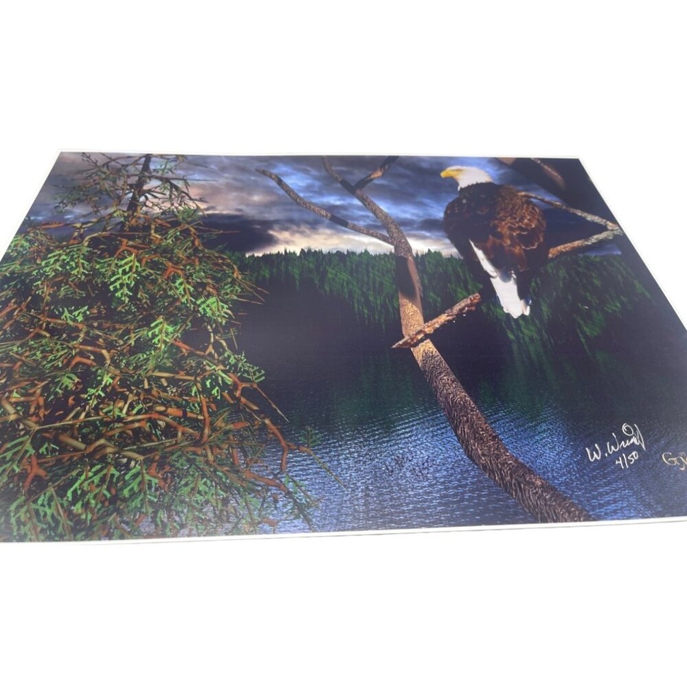 LE GM eagle tree lake print artwork signed Wright 4/50 16x12" blue trees READ